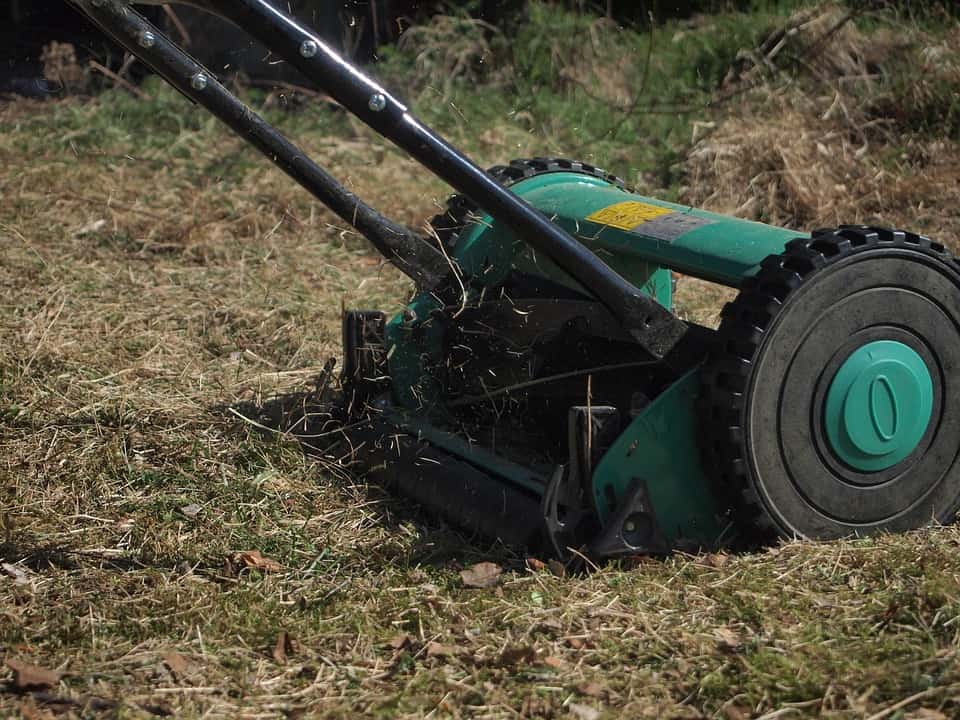 Person using lawn mower on thick grass