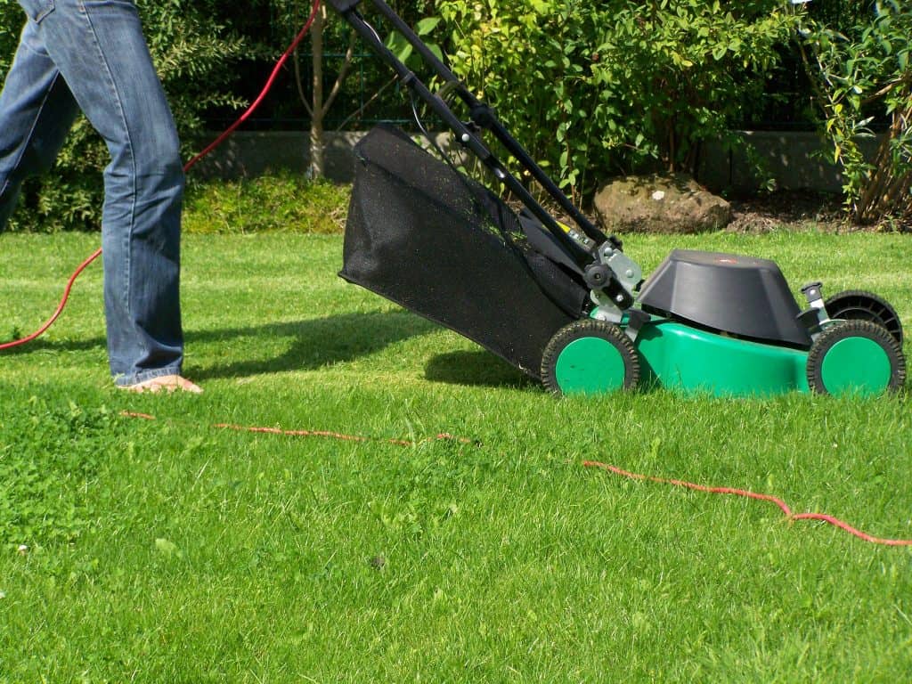 A person clearing the grass using a lawn mower