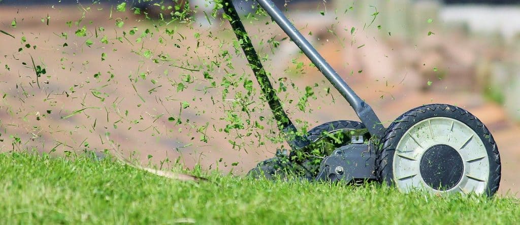 A lawn mower with a balanced blade cutting grass on a lawn
